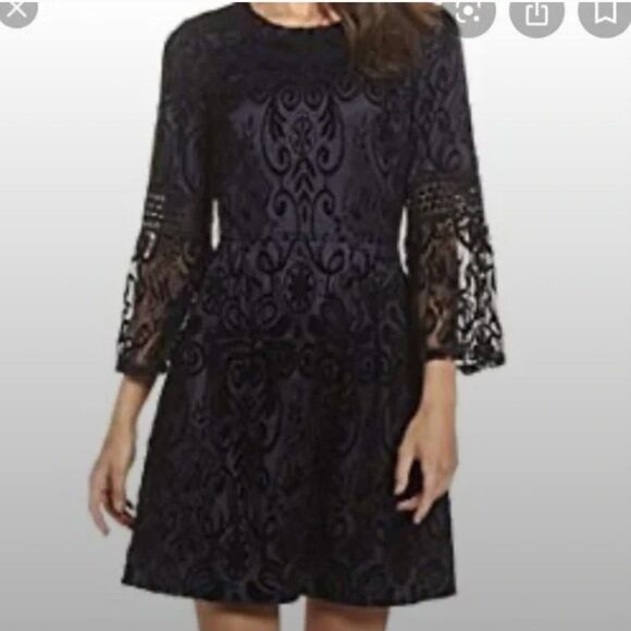 Eliza J Black Blue Burnout Velvet Lace Bell‎ Sleeve Fit and Flare Dress Size 4 - Picture 1 of 14